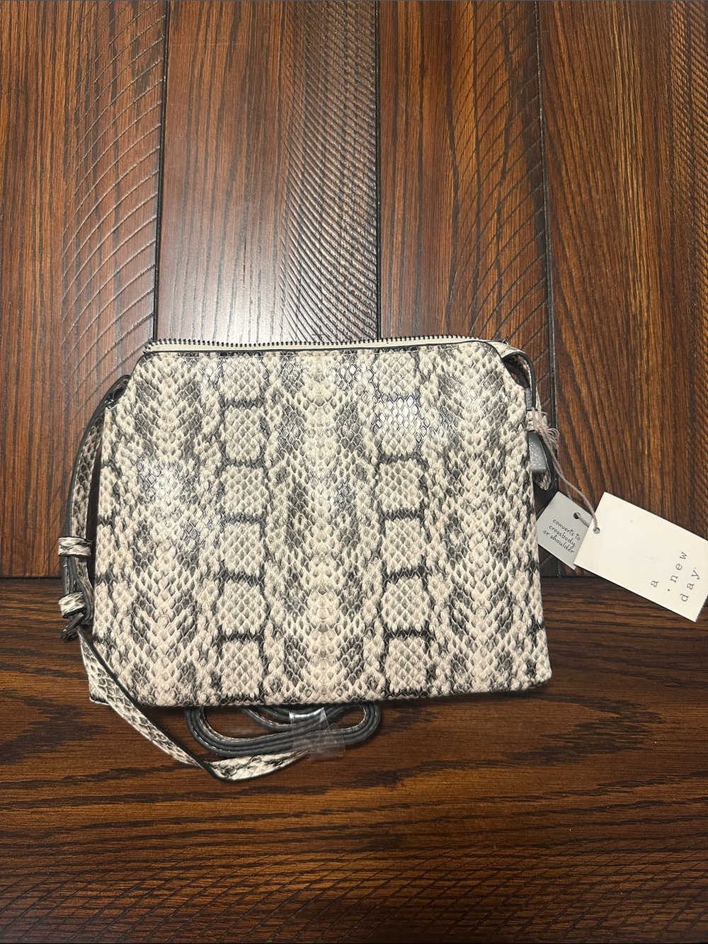 Snake-Print Crossbody Bag in Gray and Cream